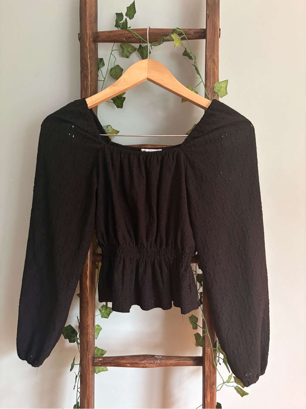 Black Smocked Peplum Long-Sleeve Blouse
